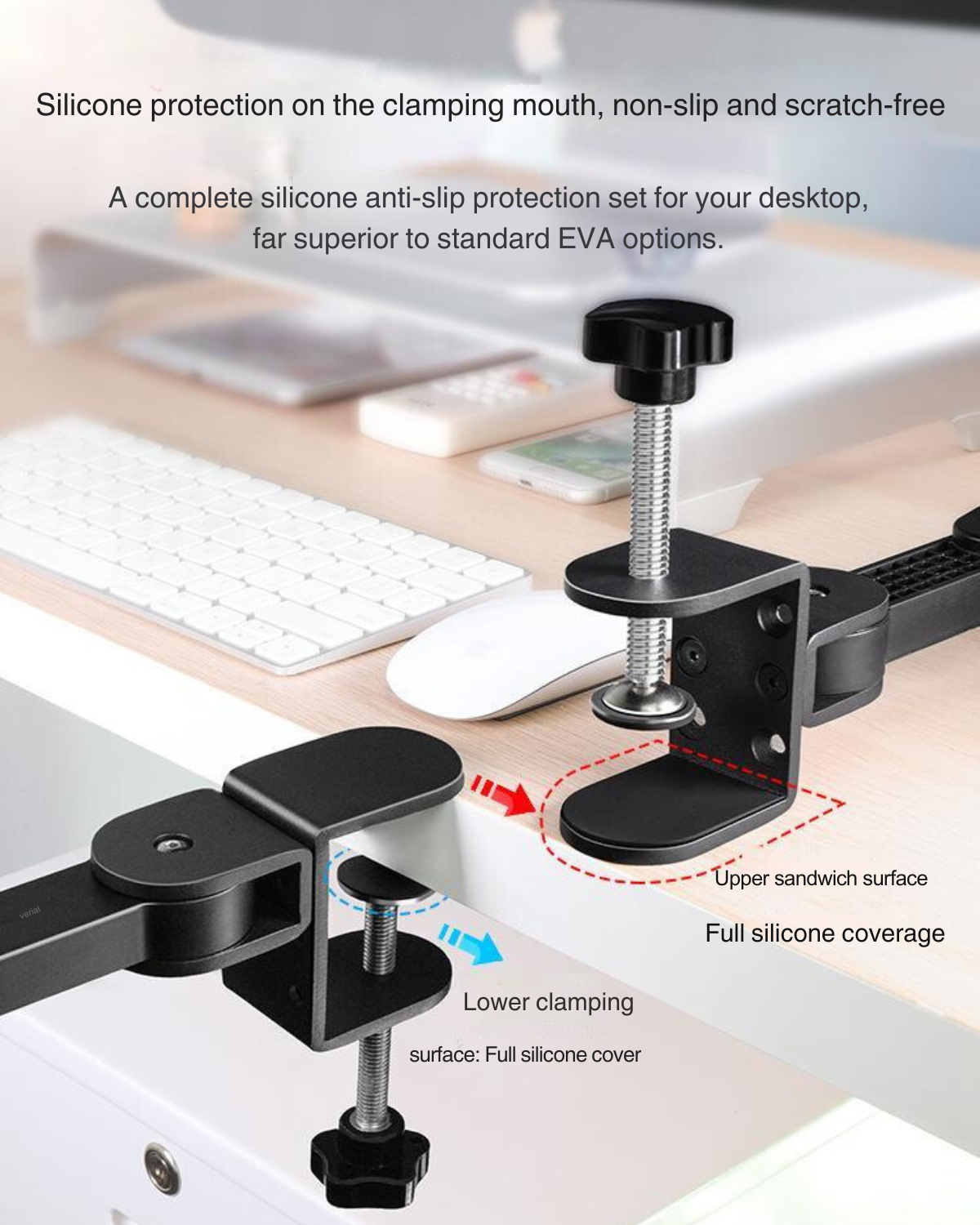 Close-up of JC Health Ergonomic Desk Arm Rest's clamping base with silicone protection for non-slip and desk damage prevention.