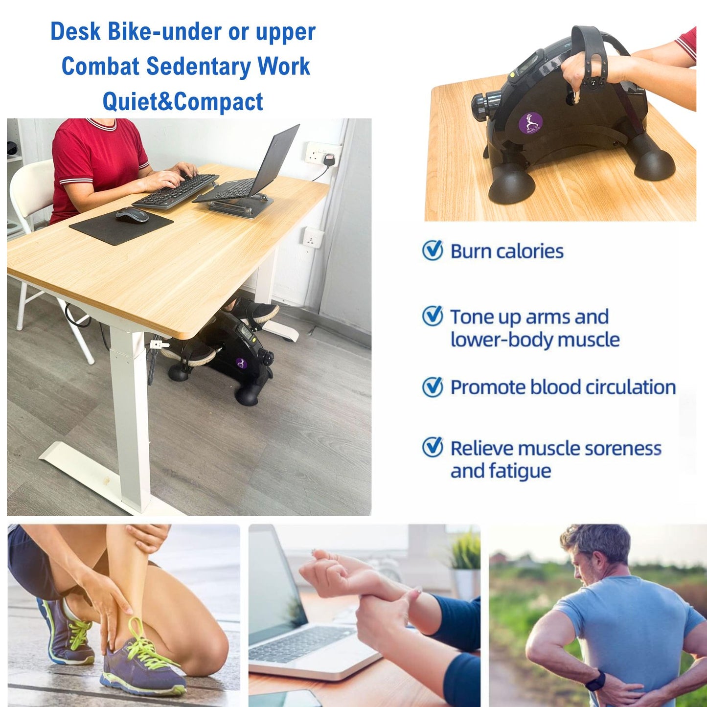JC Health mini bike used as a desk bike for office fitness, showing under-desk leg cycling and on-desk arm exercise. Combats sedentary work