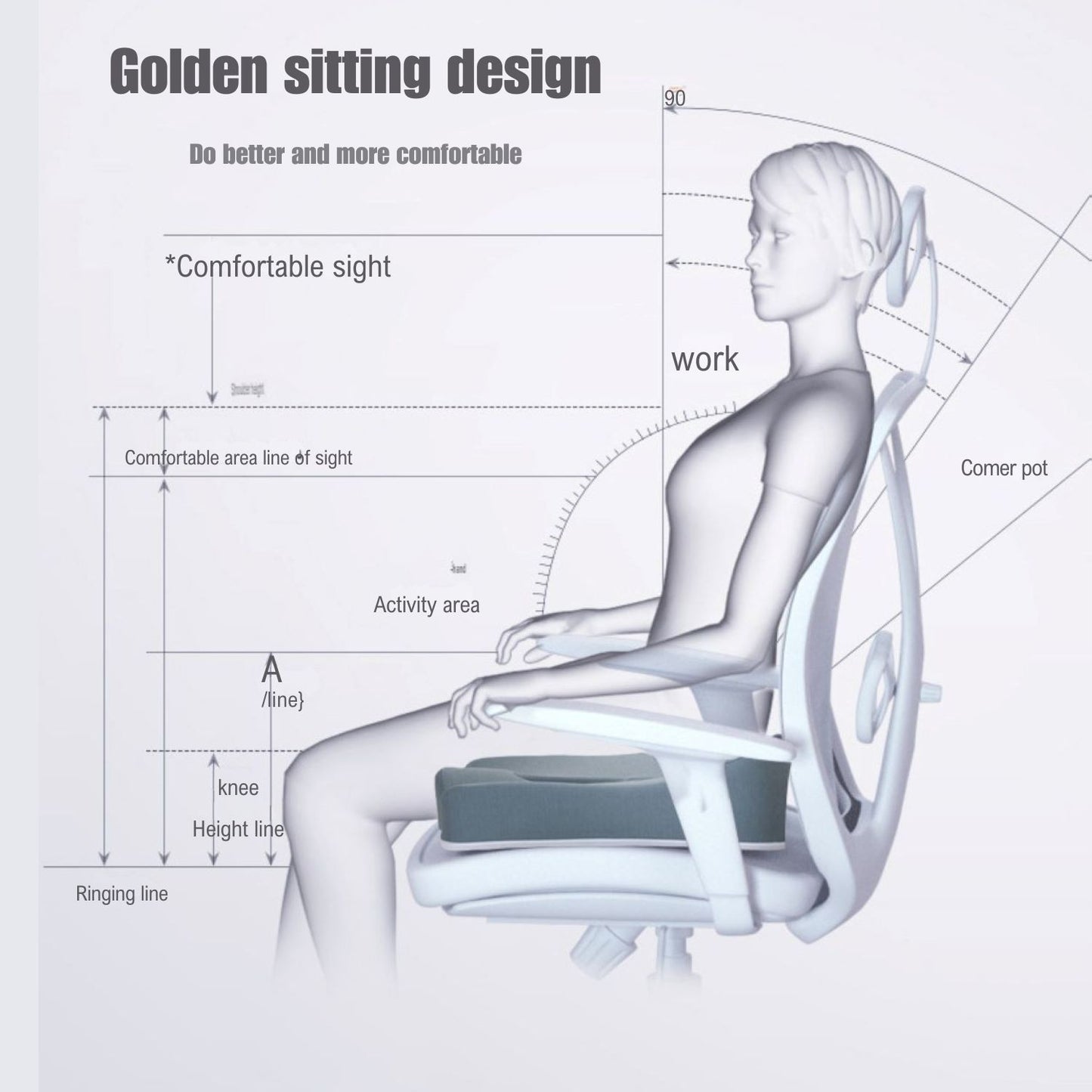 JC Health donut seat cushion demonstrating golden sitting ergonomic design for correct spine alignment and comfortable posture during work.