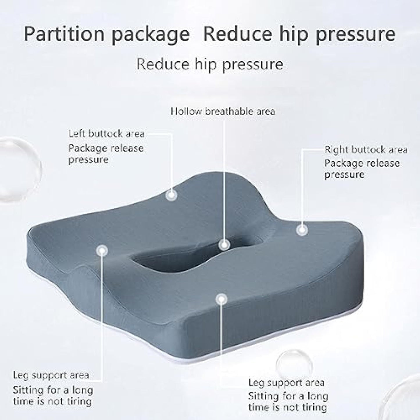 JC Health donut seat cushion internal design showing hollow breathable area, left/right buttock pressure release, and leg support for reduced hip pressure and long-term comfort