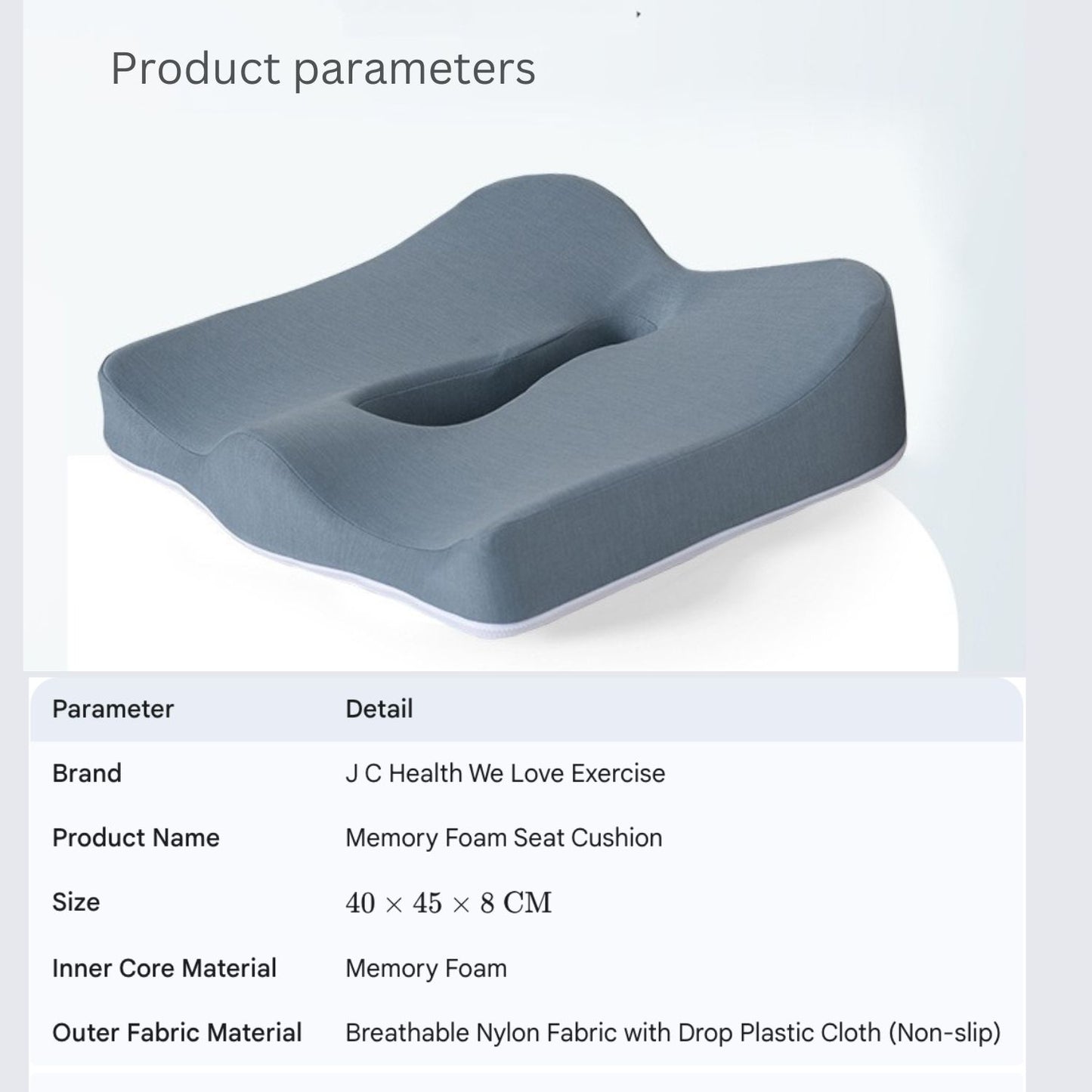 JC Health memory foam donut seat cushion product specifications table, including brand, product name, size (40x45x8CM), inner core material, and outer fabric material.