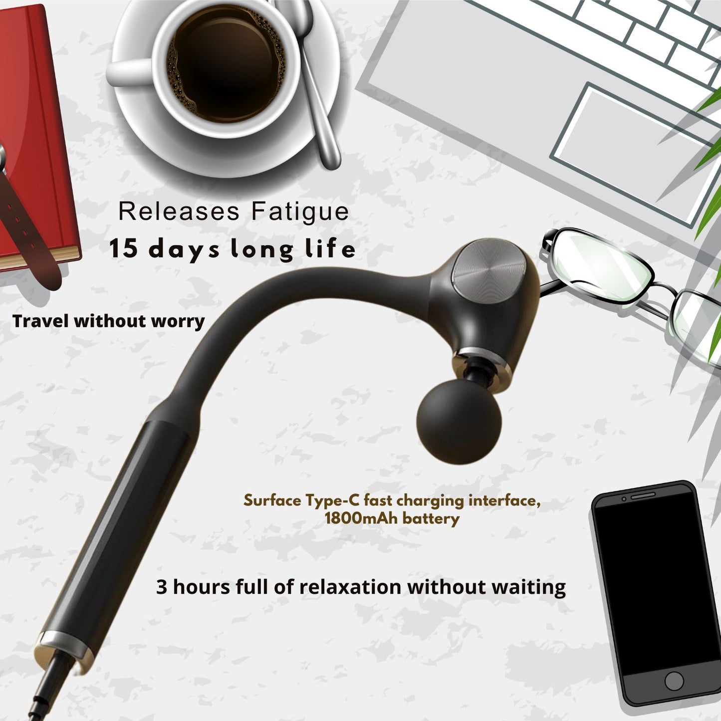 JC Health long-handle fascia gun with 15-day long battery life, Type-C fast charging, and 1800mAh for travel and office use