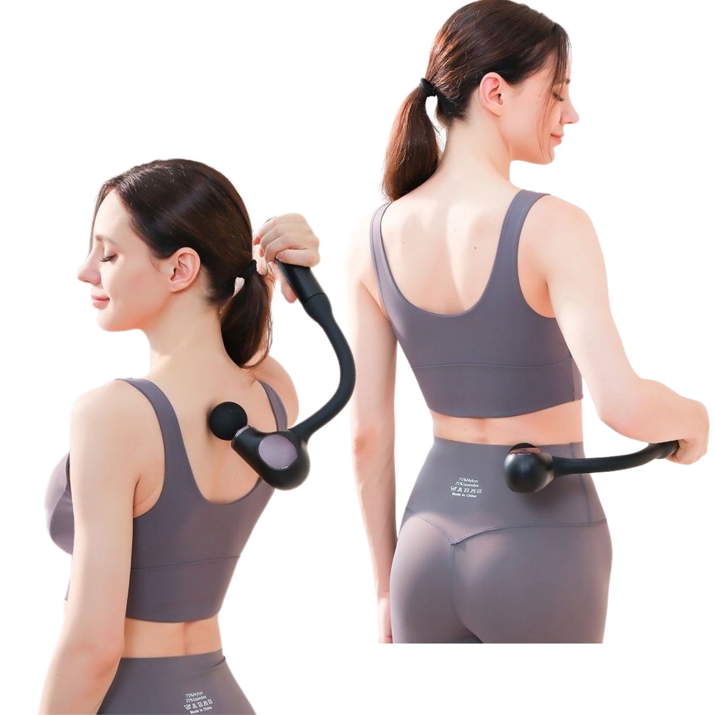 Woman demonstrating JC Health long-handle fascia gun for self-massage on upper back and lower back, reaching difficult areas.