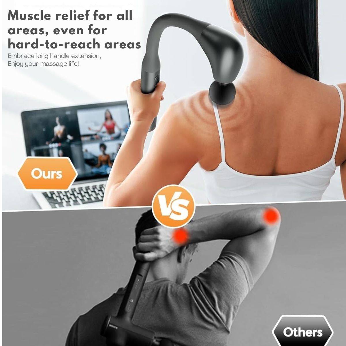 Comparison of JC Health long-handle fascia gun reaching upper back vs. short handle massage gun, highlighting muscle relief for all areas