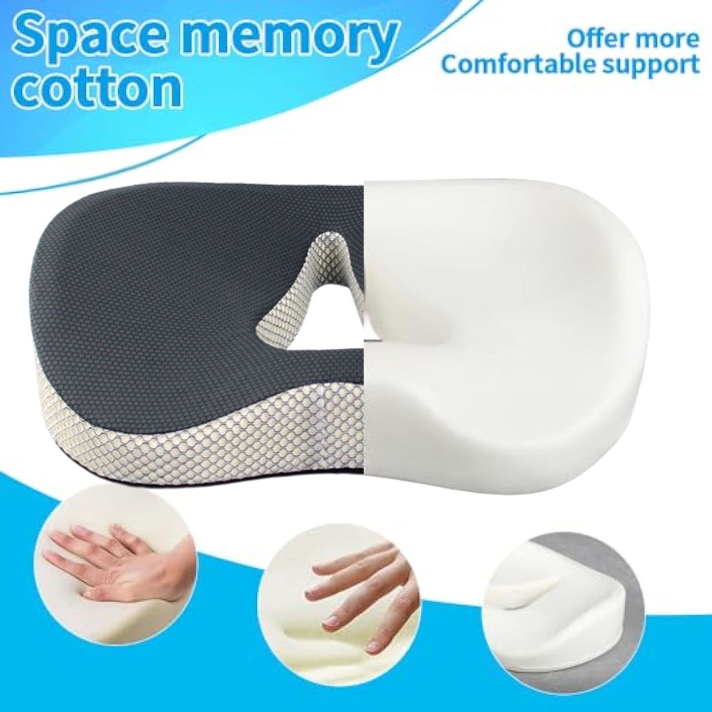 JC Health grey donut seat cushion featuring space memory foam inner core for comfortable support, shown with a split view and hand pressing for softness