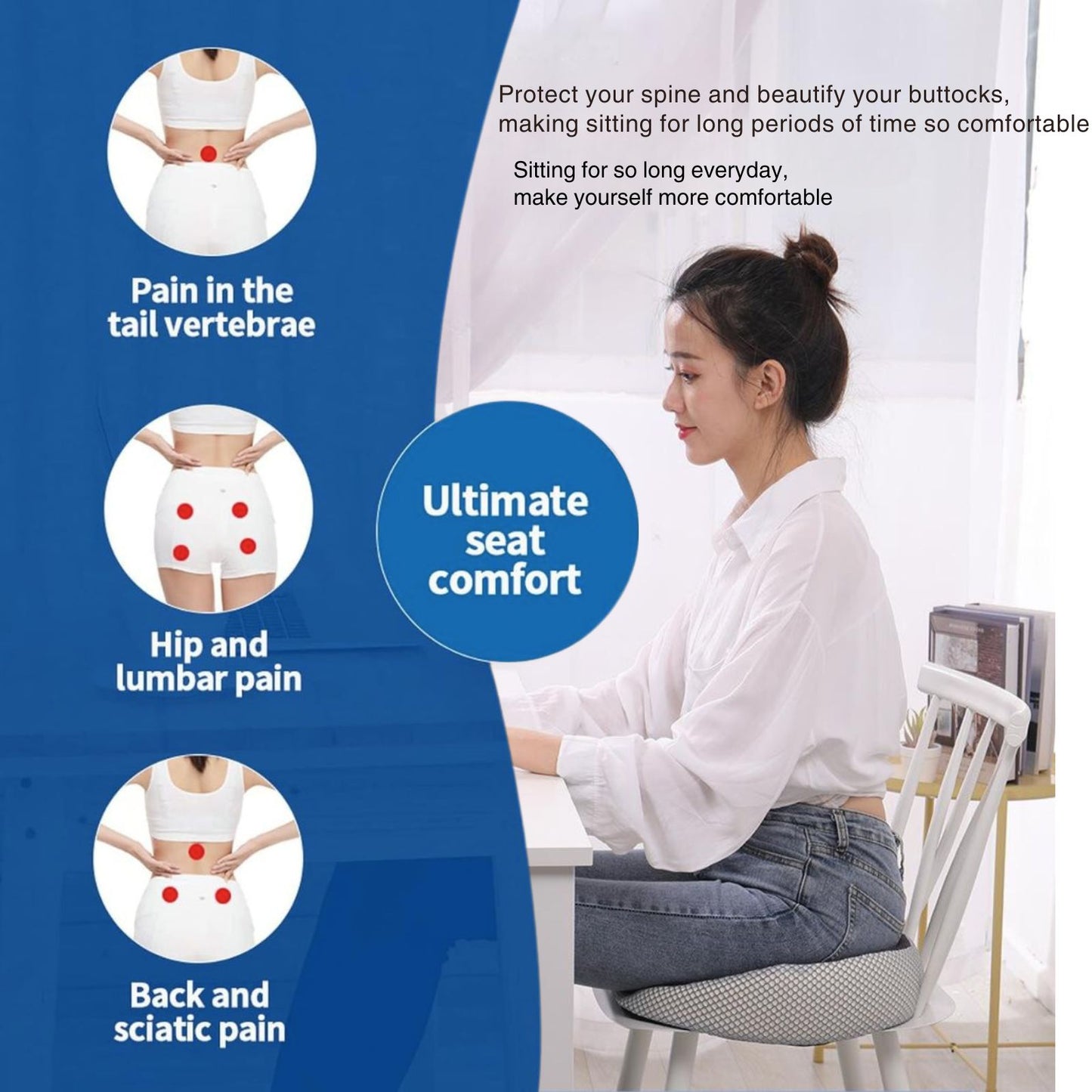 Woman sitting comfortably on JC Health grey donut seat cushion, illustrating relief from tailbone pain, hip and lumbar pain, and back and sciatic pain.