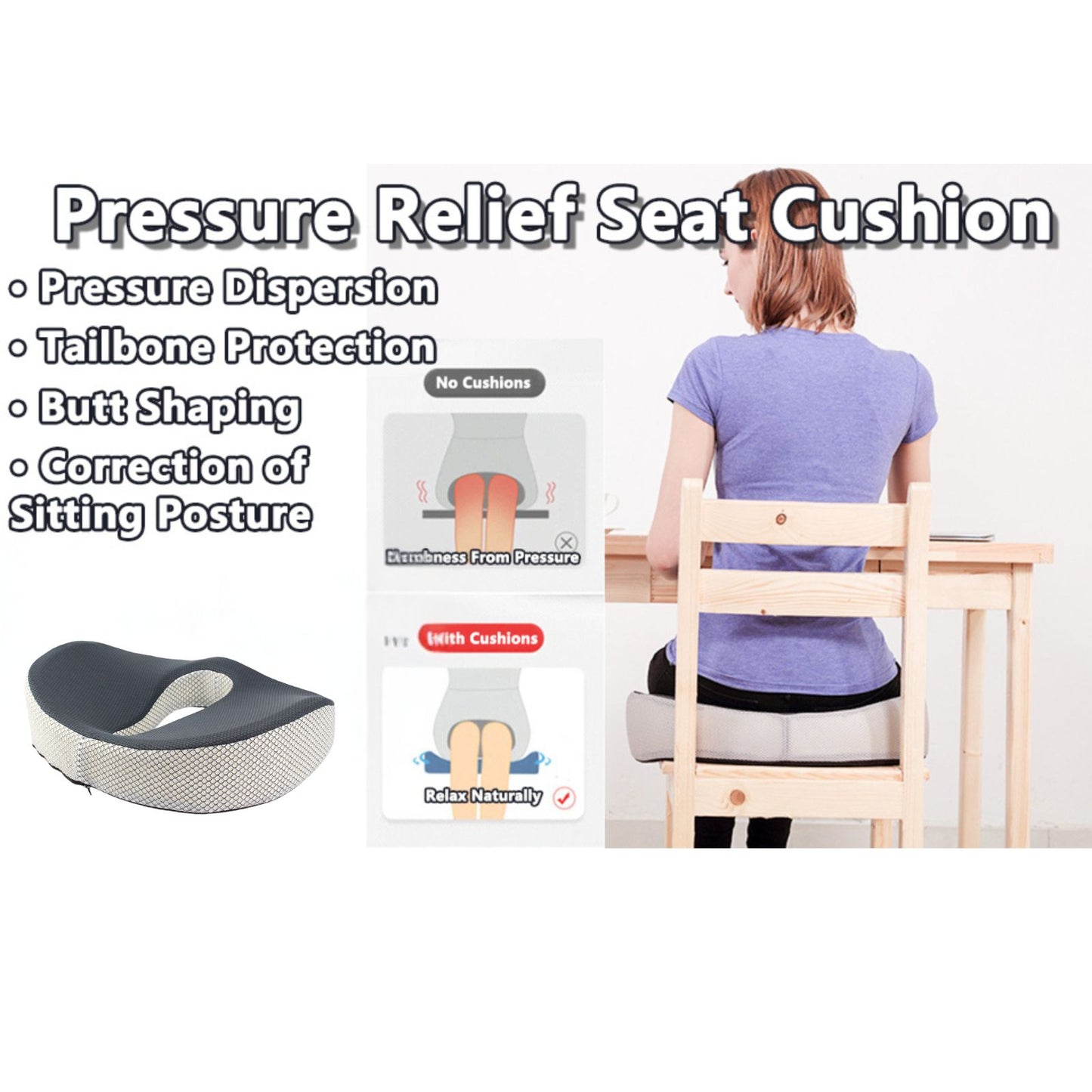 JC Health grey donut seat cushion demonstrating pressure dispersion and tailbone protection, comparing numbness from sitting without cushion versus natural relaxation with cushion.