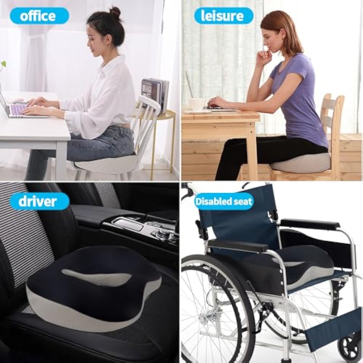 jC Health grey donut seat cushion shown in various use cases: office chair, leisure seating, car driver seat, and wheelchair, for diverse users