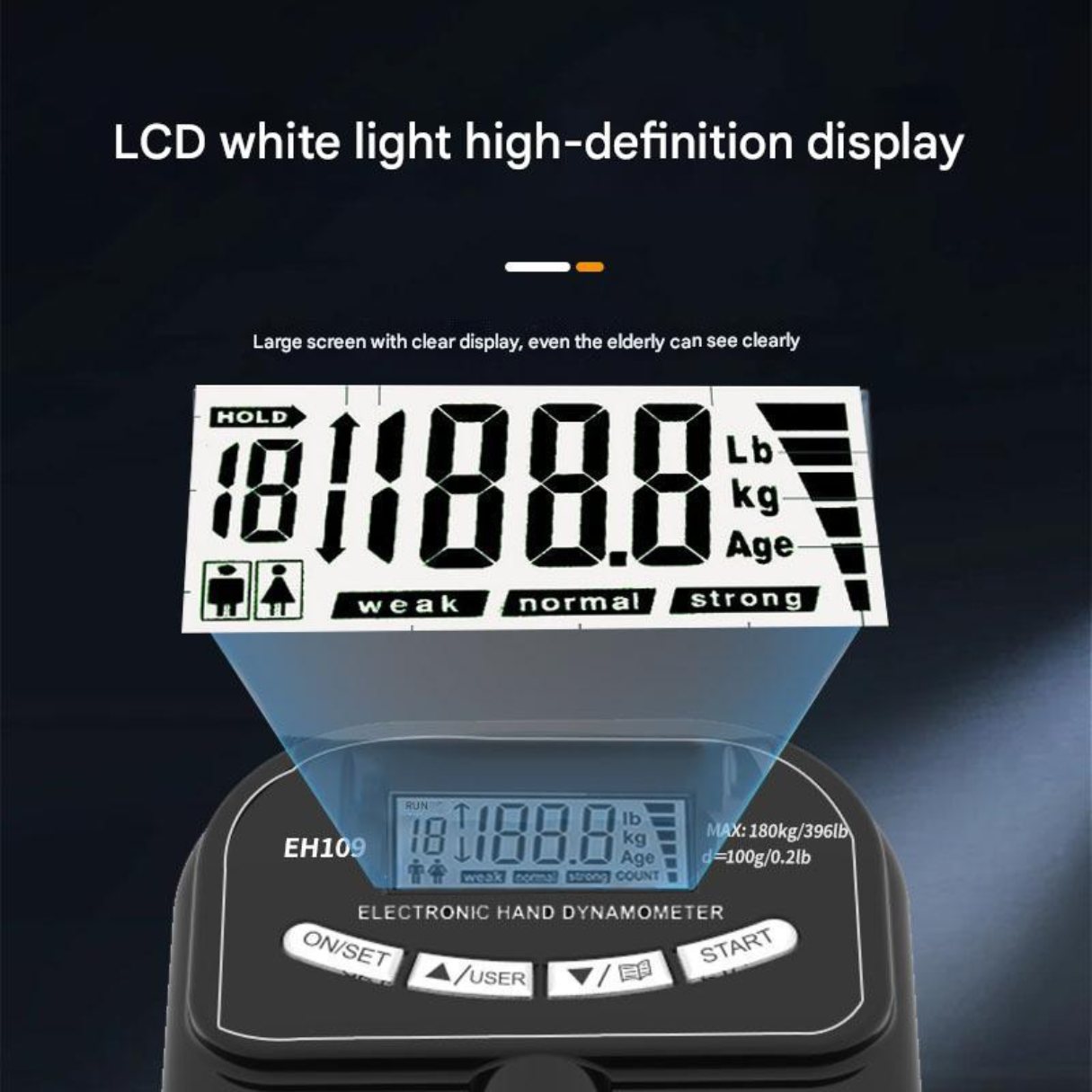 Close-up of the bright LED screen on the JC Health Hand Dynamometer displaying clear readings.