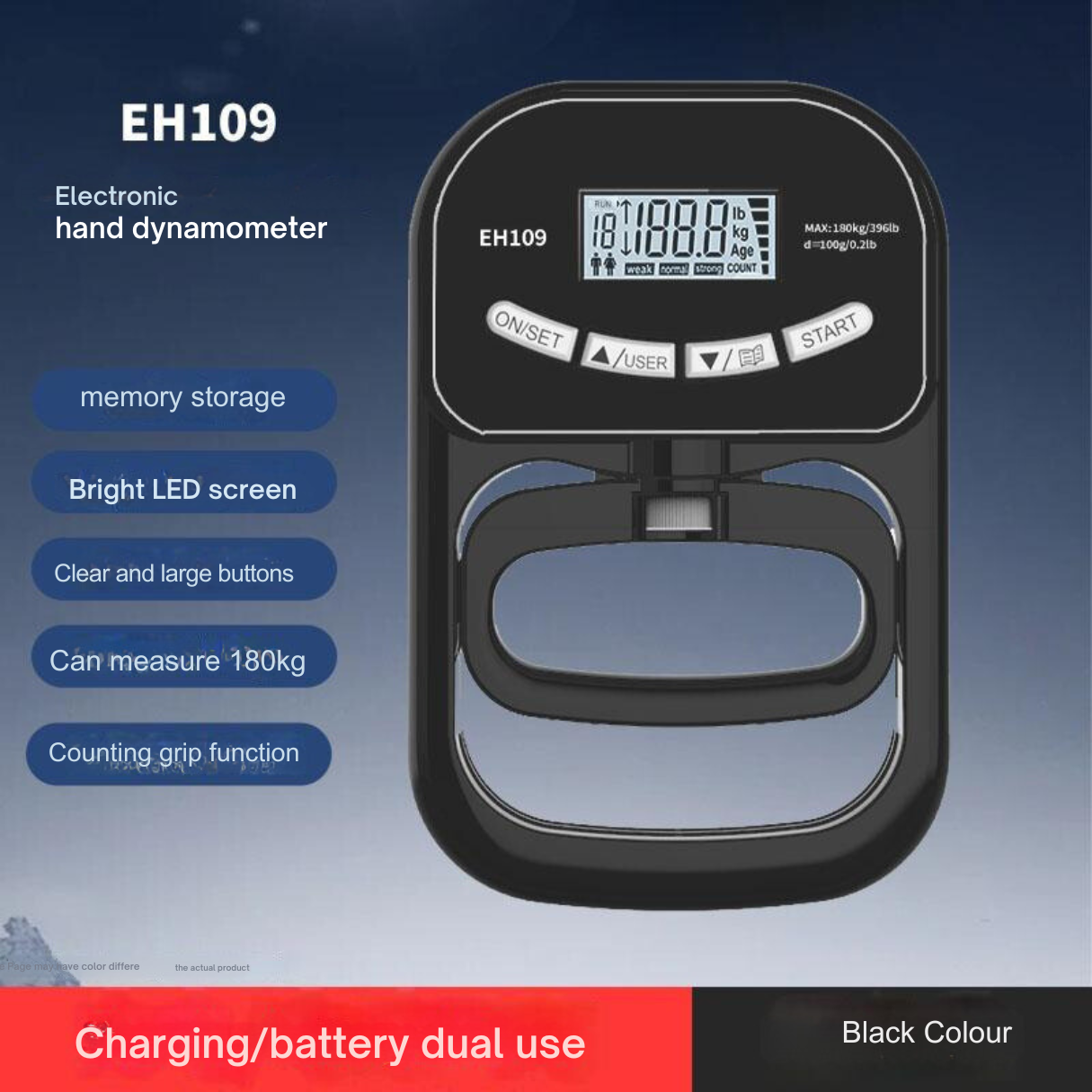 Electronic Hand Dynamometer with list of features: memory storage, bright LED screen, clear buttons, 180kg capacity, counting grip function, charging dual use