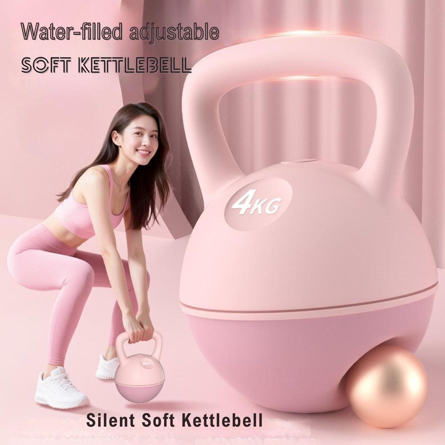 Female model using a pink JC Health water-filled soft kettlebell (4kg), highlighting its water-filled, adjustable, and silent features