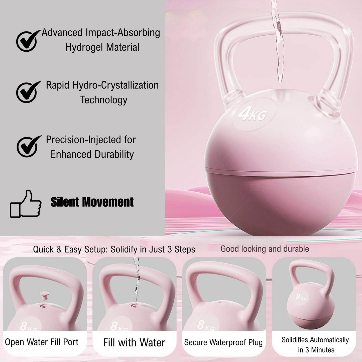 Pink JC Health water-filled kettlebell (4kg) with water being poured into it, showing the refillable feature
