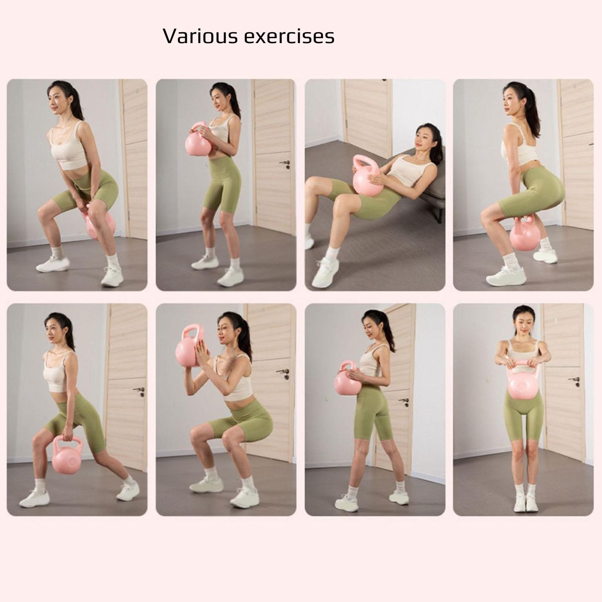 Female model demonstrating various kettlebell exercises including squats, lunges, and presses with a pink water-filled kettlebell