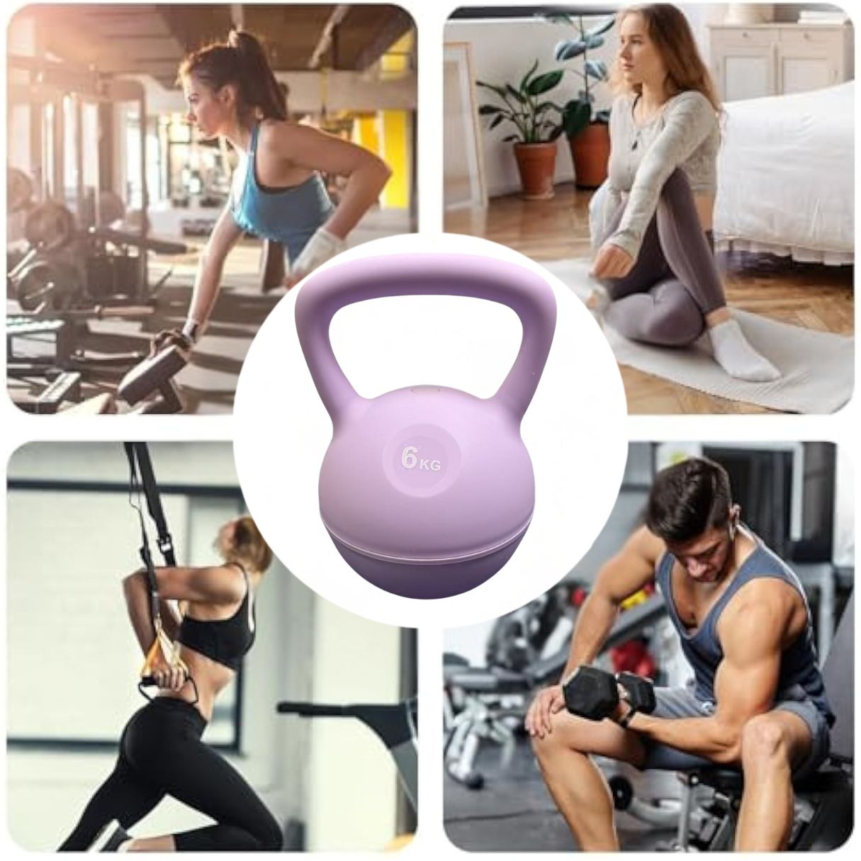 Purple JC Health kettlebell shown with diverse workout environments: gym, home, and outdoor settings.