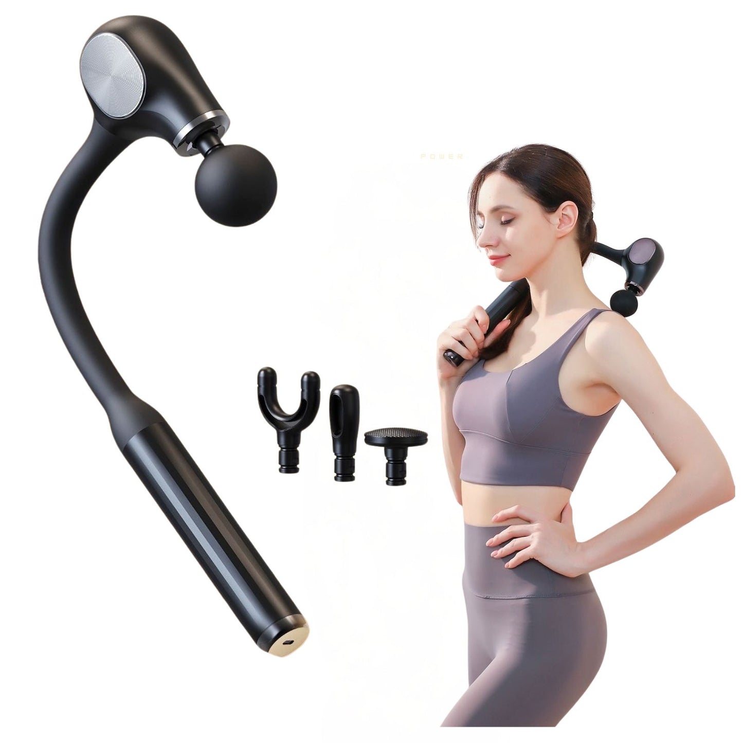 JC Health long-handle fascia gun with ergonomic design, used by woman for self-massage on shoulder, showing included massage heads