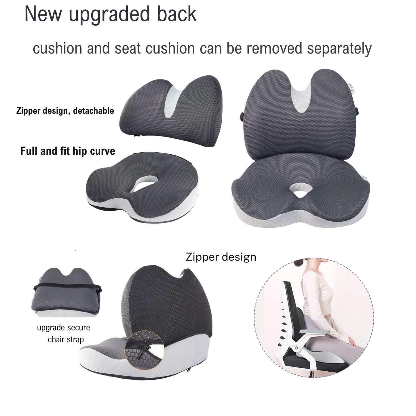 JC Health lumbar and seat cushions demonstrating detachable design with zipper, ergonomic hip curve, and upgraded secure chair strap