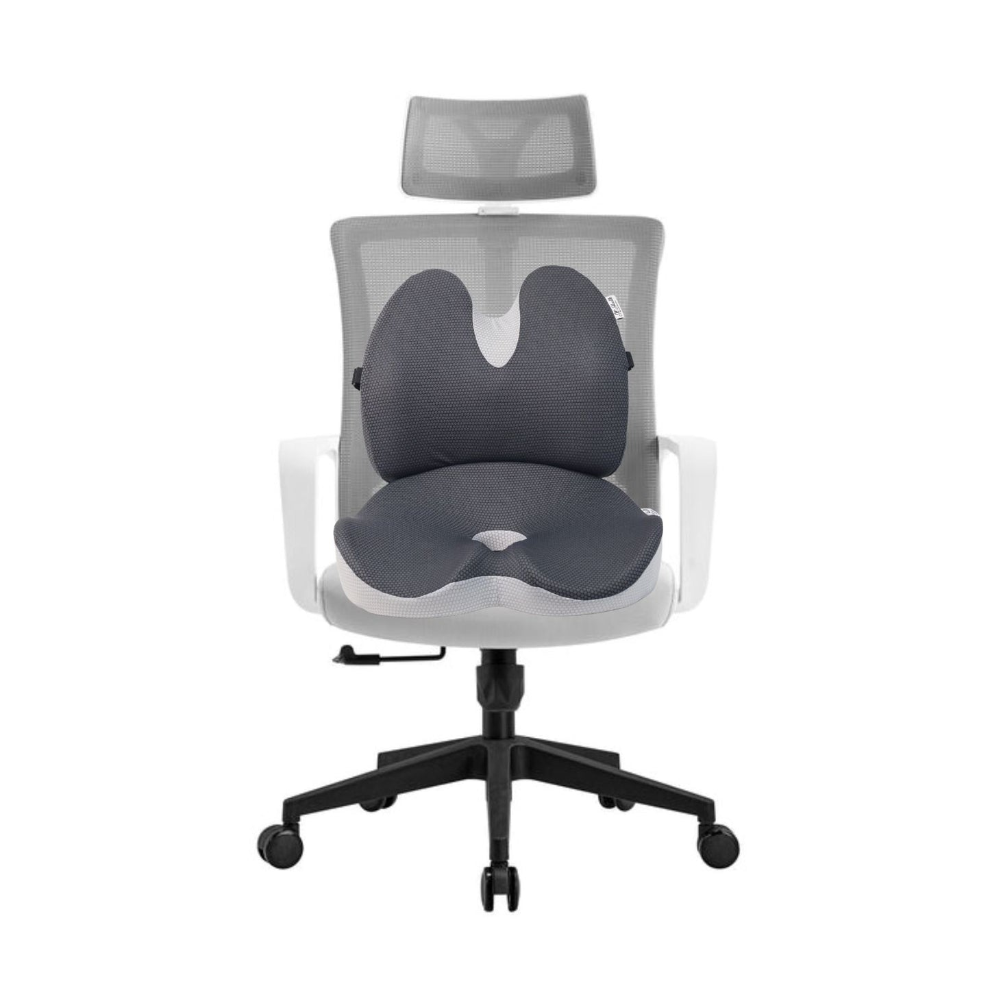 JC Health lumbar and seat cushion set on a white office chair, shown from the front