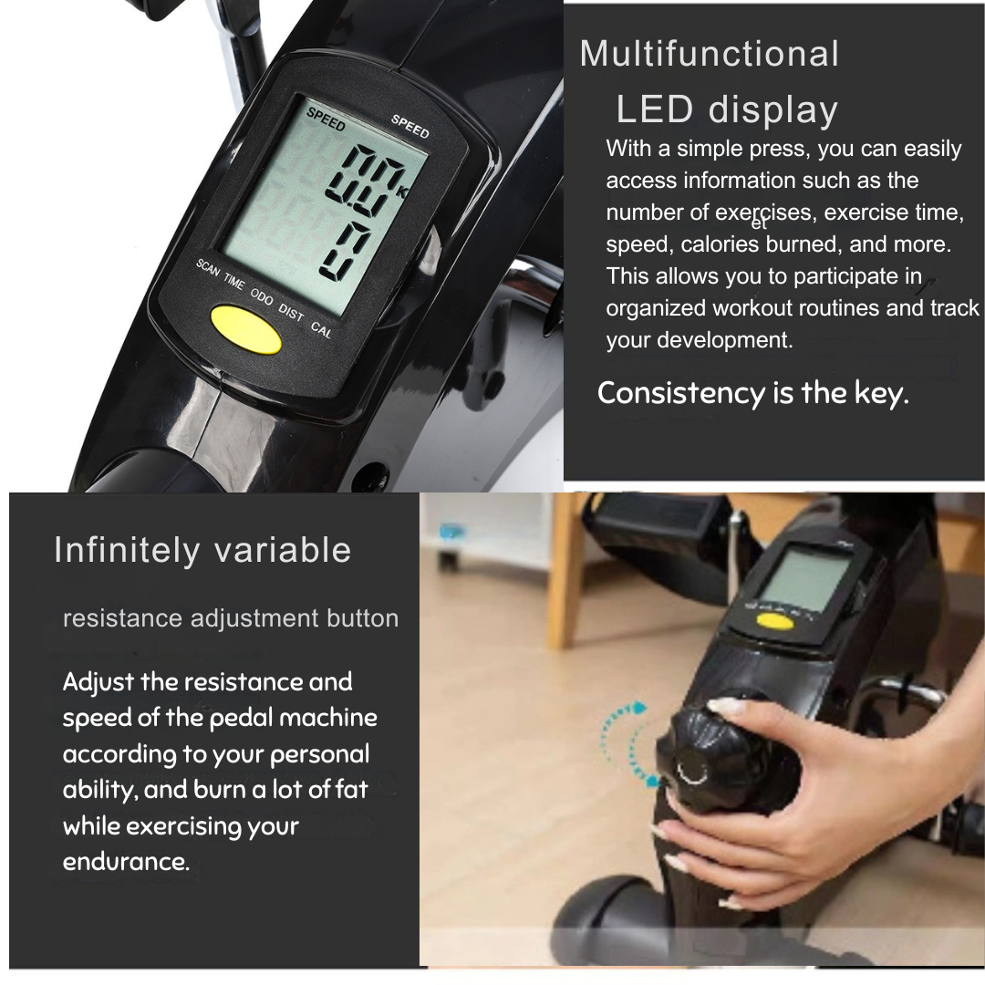 JC Health mini bike's multifunctional LCD display for tracking progress and infinitely variable resistance adjustment knob