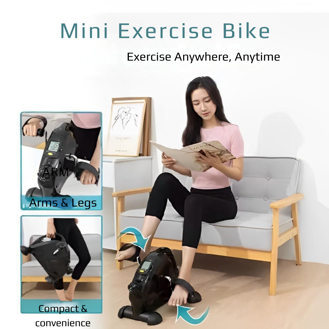 Woman using JC Health mini exercise bike on sofa for arm and leg workouts, highlighting compact and convenient home useof sofa