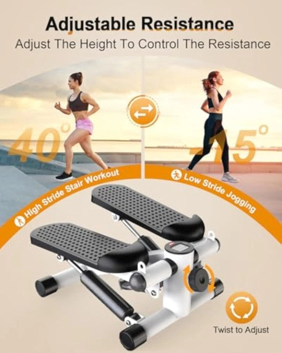JC Health Mini Stepper demonstrating adjustable resistance for high stride stair workout and low stride jogging