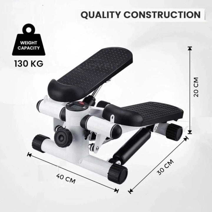 JC Health Mini Stepper showing its dimensions (40cm L, 30cm W, 20cm H) and 130kg weight capacity