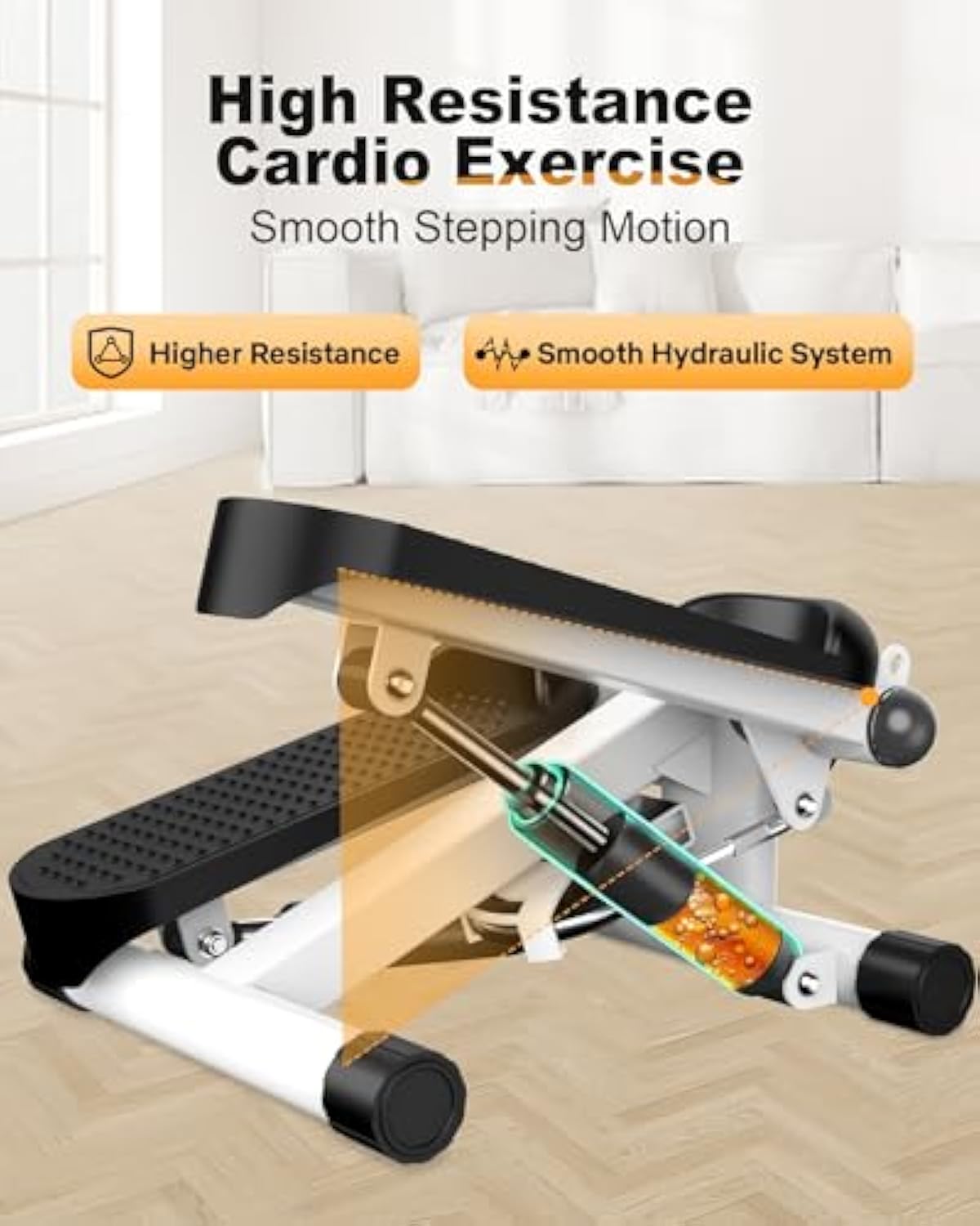 JC Health Mini Stepper highlighting its smooth hydraulic system for high resistance cardio exercise