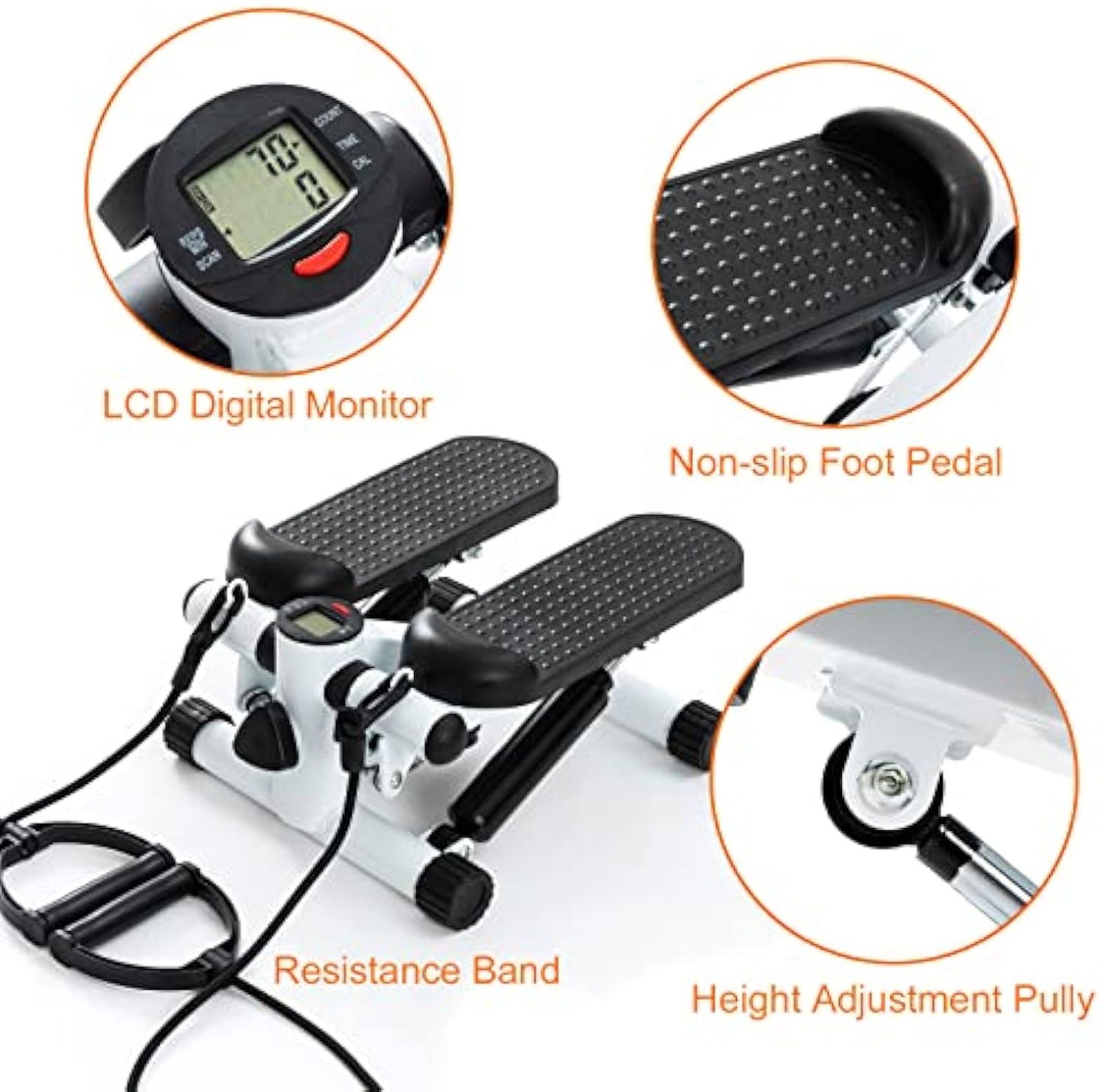 Close-up views of JC Health Mini Stepper's features: LCD digital monitor, non-slip foot pedal, resistance band, and height adjustment pulley