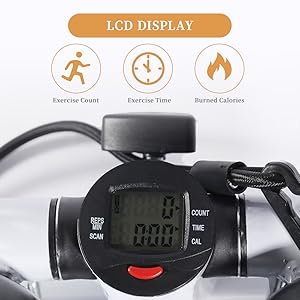 Close-up of JC Health Mini Stepper's LCD display showing exercise count, time, and burned calories