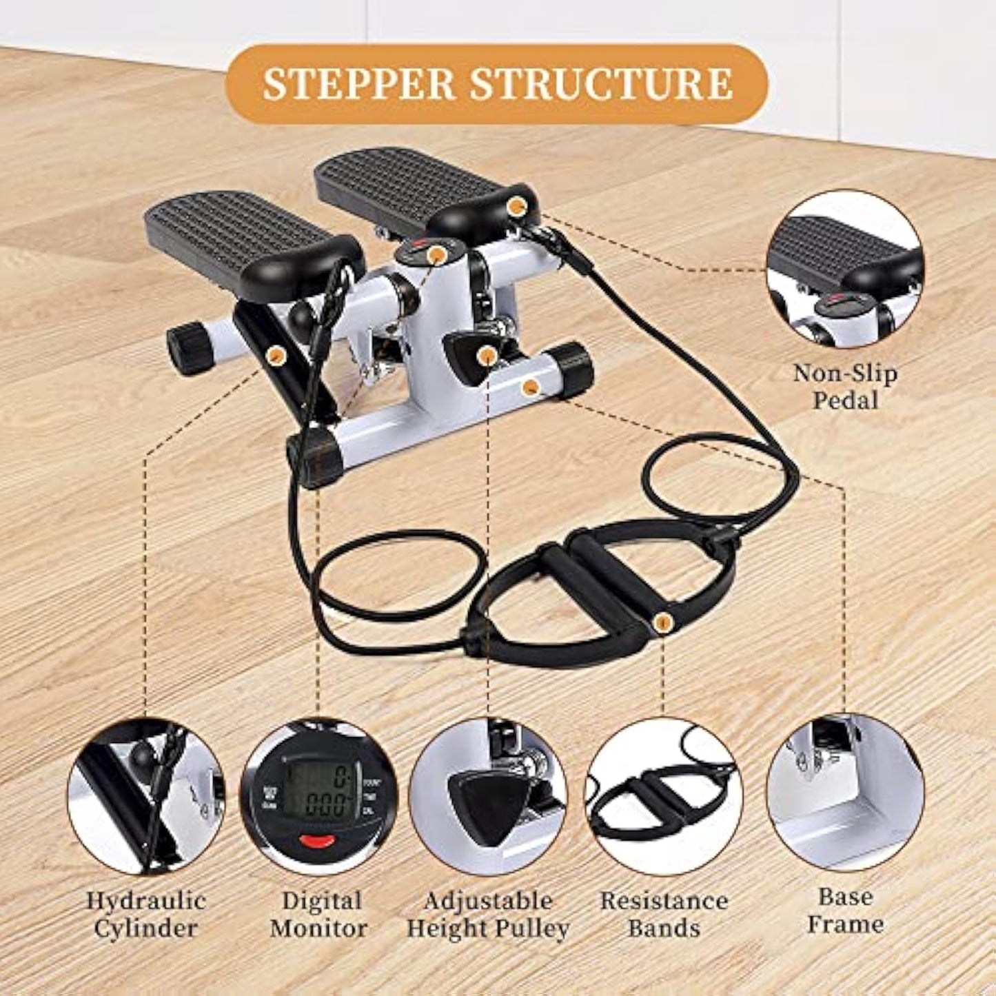 Diagram of JC Health Mini Stepper showing internal structure components like hydraulic cylinder, digital monitor, and resistance bands