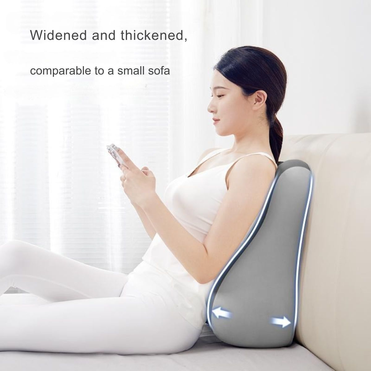 Woman using JC Health multipurpose pillow as a thickened bed headrest, providing waist and back protection for comfortable long-term sitting.