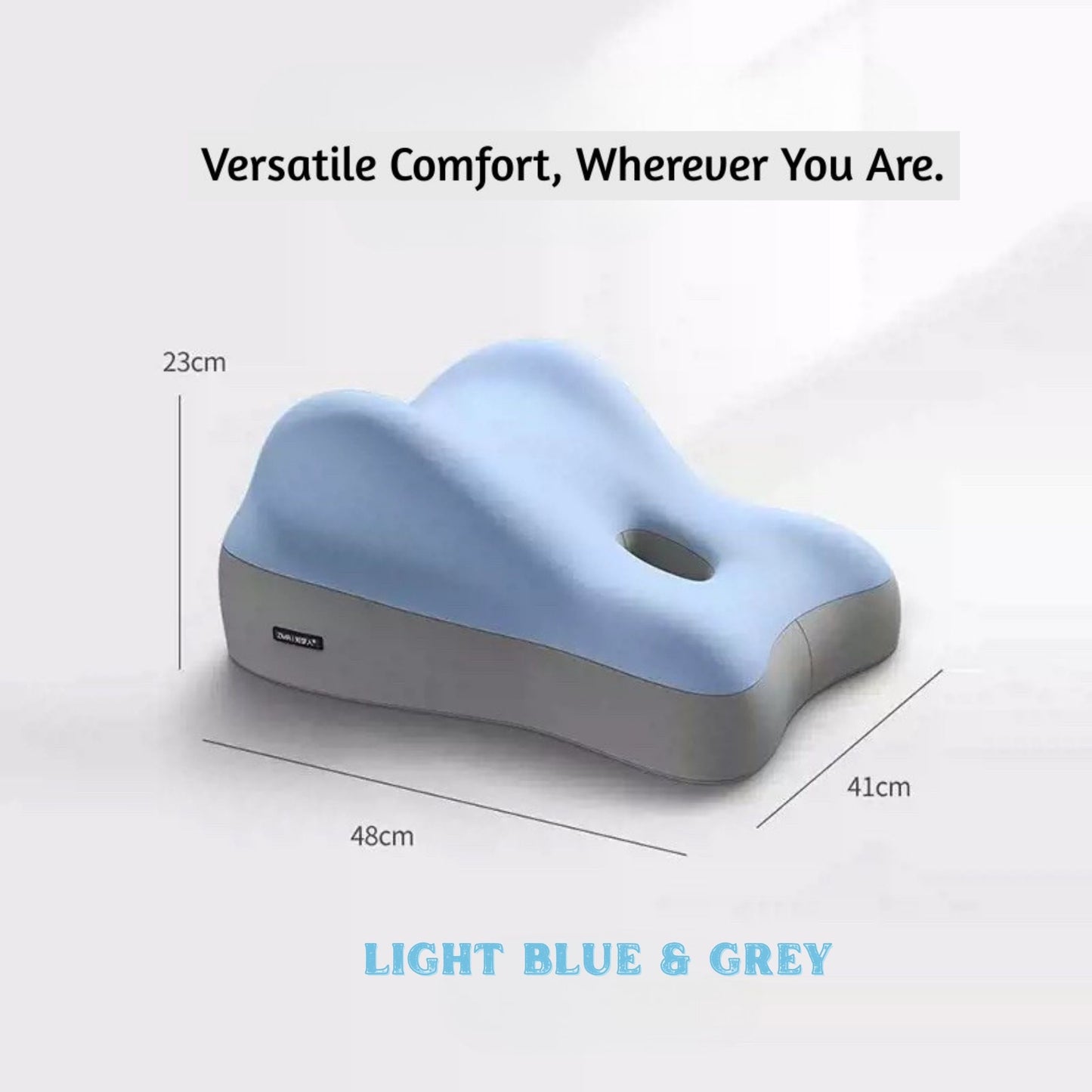 JC Health multipurpose pillow in light blue and grey color, showing dimensions (23cm, 48cm, 41cm), offering versatile comfort and support