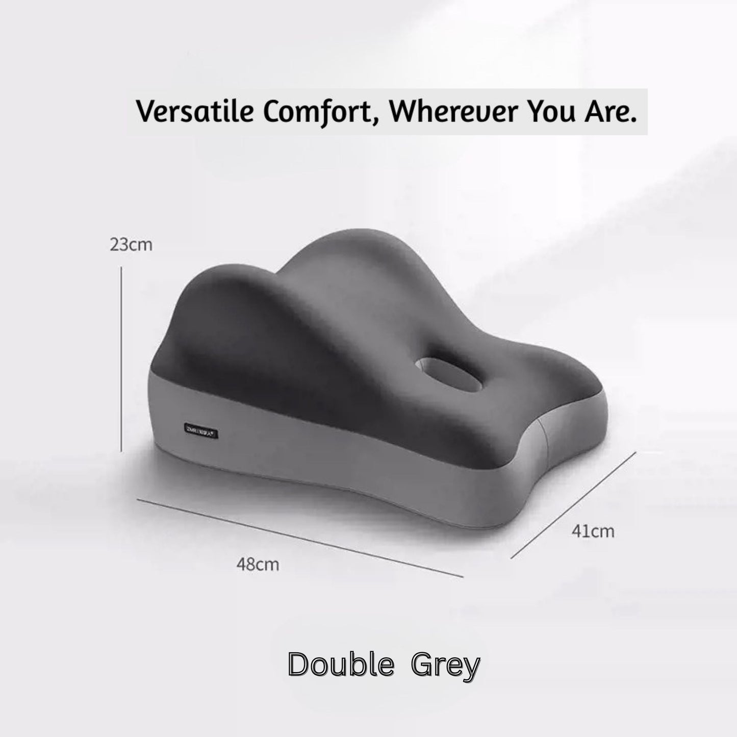JC Health multipurpose pillow in double grey color, showing dimensions (23cm, 48cm, 41cm), offering versatile comfort and support
