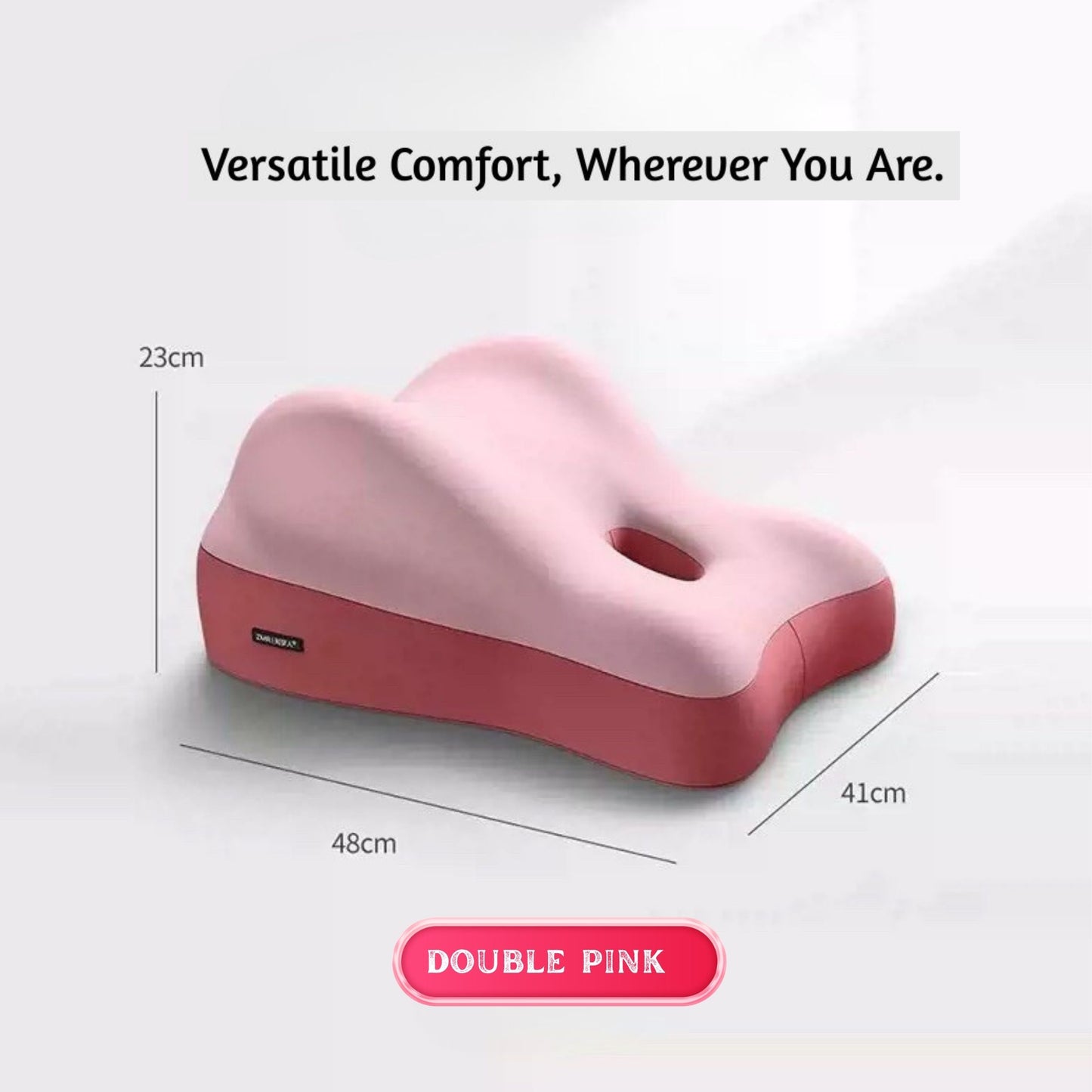 JC Health multipurpose pillow in double pink color, showing dimensions (23cm, 48cm, 41cm), offering versatile comfort and support