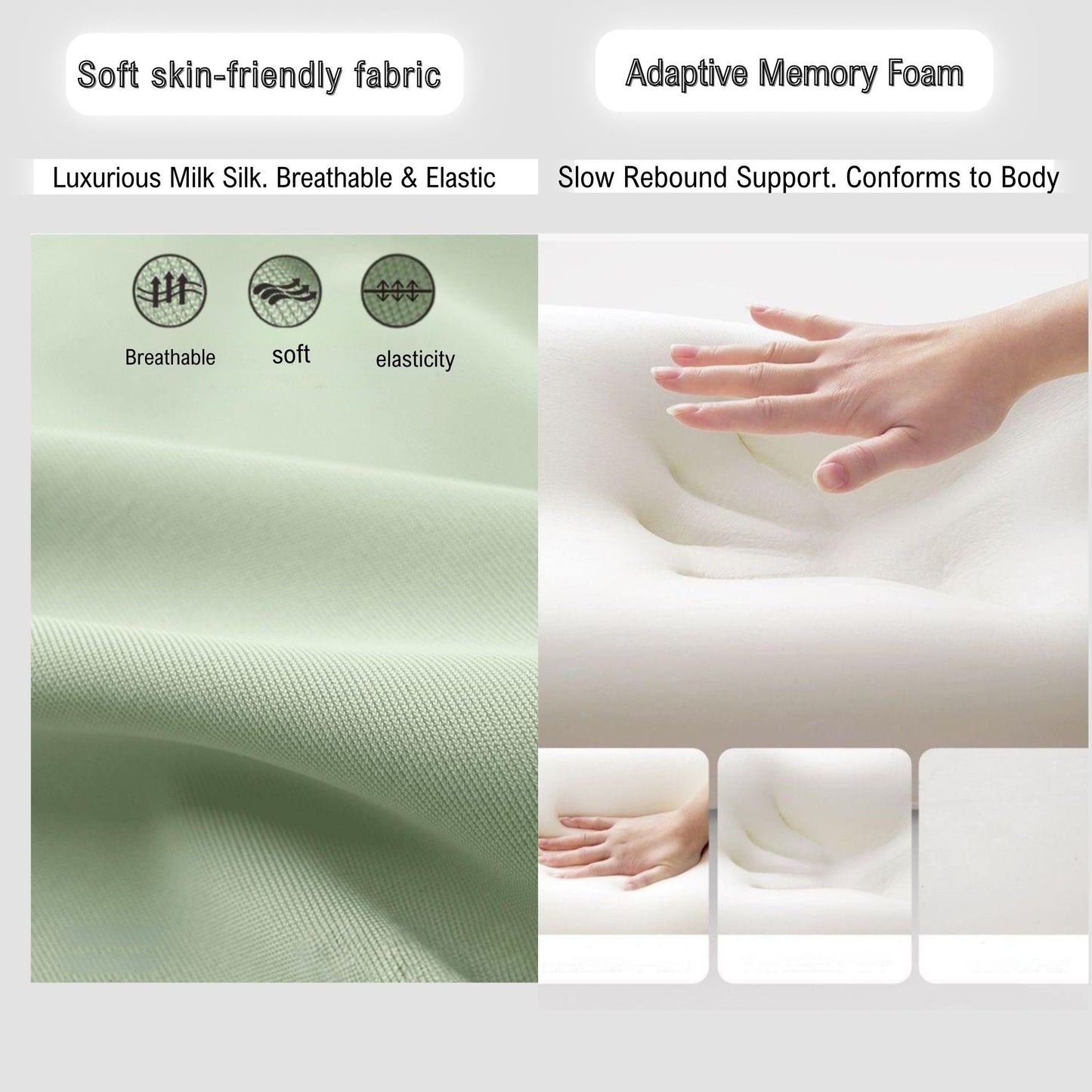 Close-up of JC Health multipurpose pillow's soft skin-friendly fabric and adaptive memory foam, highlighting breathable, soft, and elastic qualities