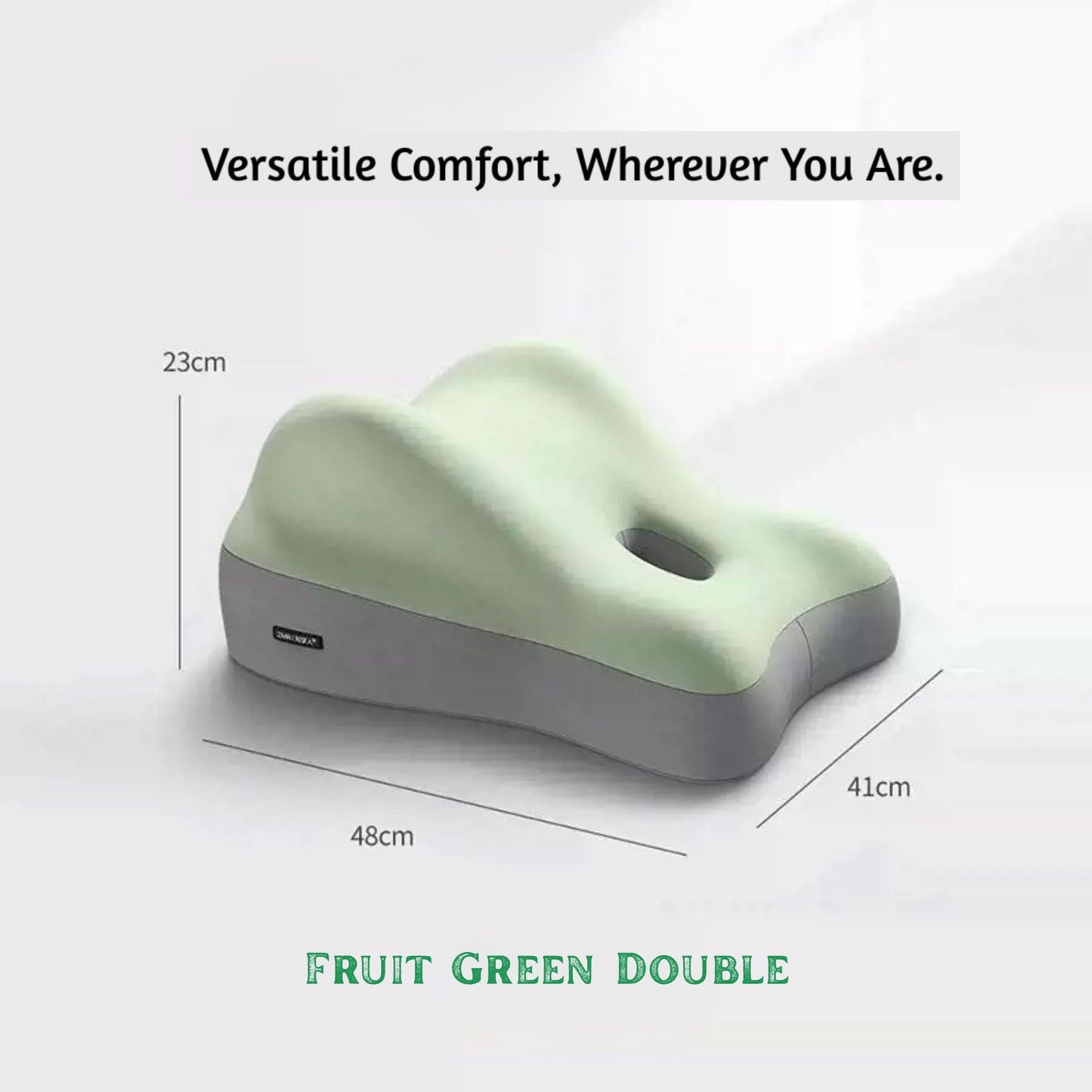 C Health multipurpose pillow in fruit green and grey color, showing dimensions (23cm, 48cm, 41cm), offering versatile comfort and support