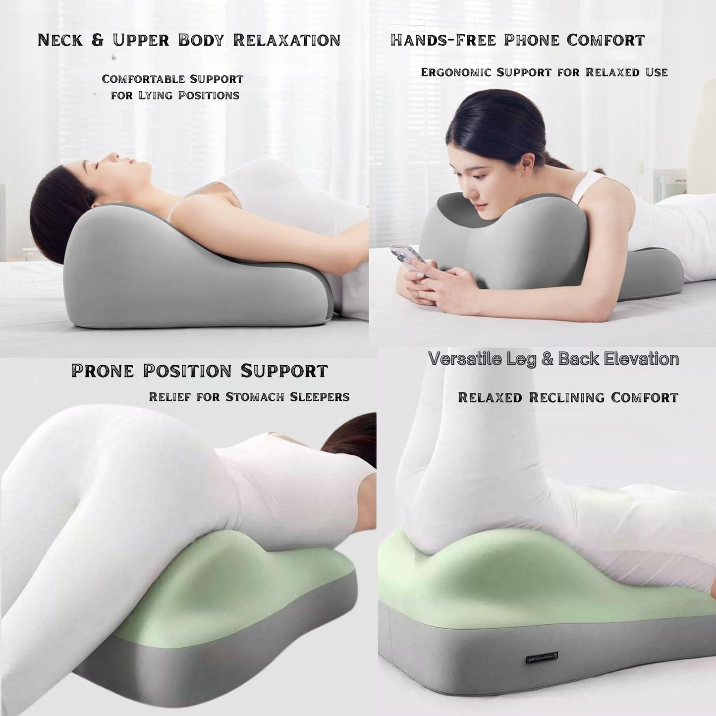 Multipurpose pillow demonstrating various comfortable positions: neck & upper body relaxation, hands-free phone use, prone position support, and versatile leg & back elevation