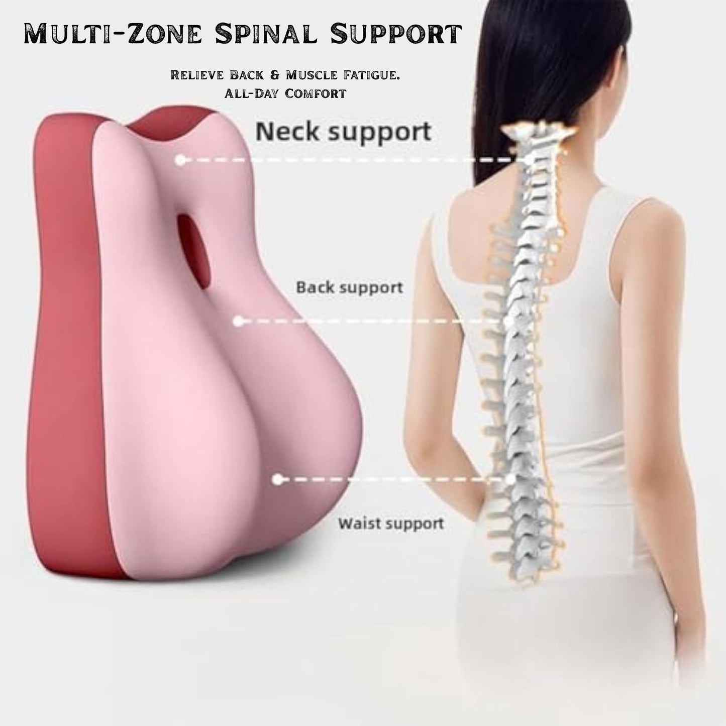 Pink JC Health multipurpose pillow demonstrating multi-zone spinal support for neck, back, and waist, designed to relieve back and muscle fatigue