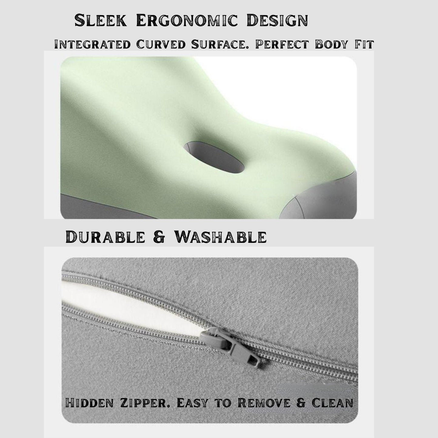 JC Health multipurpose pillow showcasing its sleek ergonomic design with integrated curved surface and a hidden zipper for easy removal and cleaning.