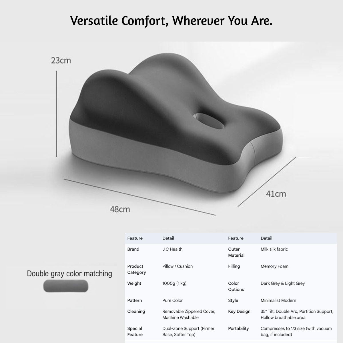 JC Health multipurpose pillow product specifications table, including dimensions (48x41x23cm), material, weight, color options, and key design features