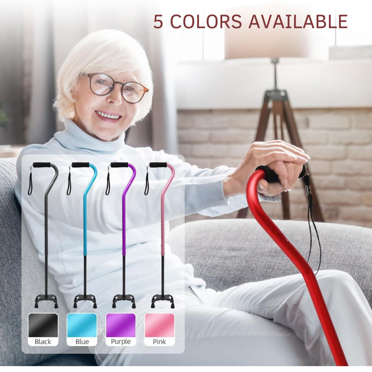 Senior woman confidently using a red JC Health Aluminum Quad Cane, with an overlay showing 5 colors available: red, black, blue, purple, and pink.