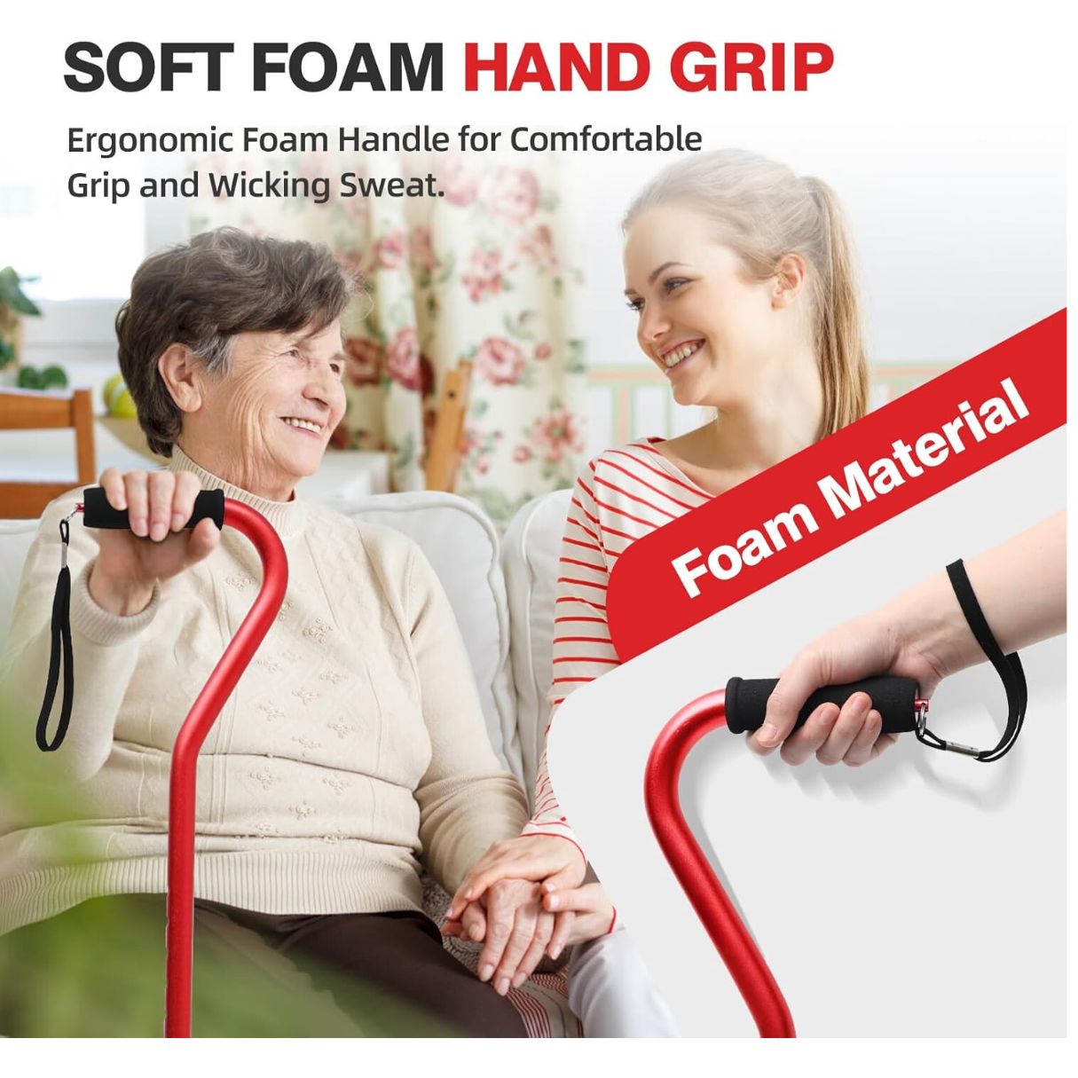 Senior woman smiling and holding a red JC Health Aluminum Quad Cane, with an inset showing a close-up of the soft foam hand grip and wrist strap