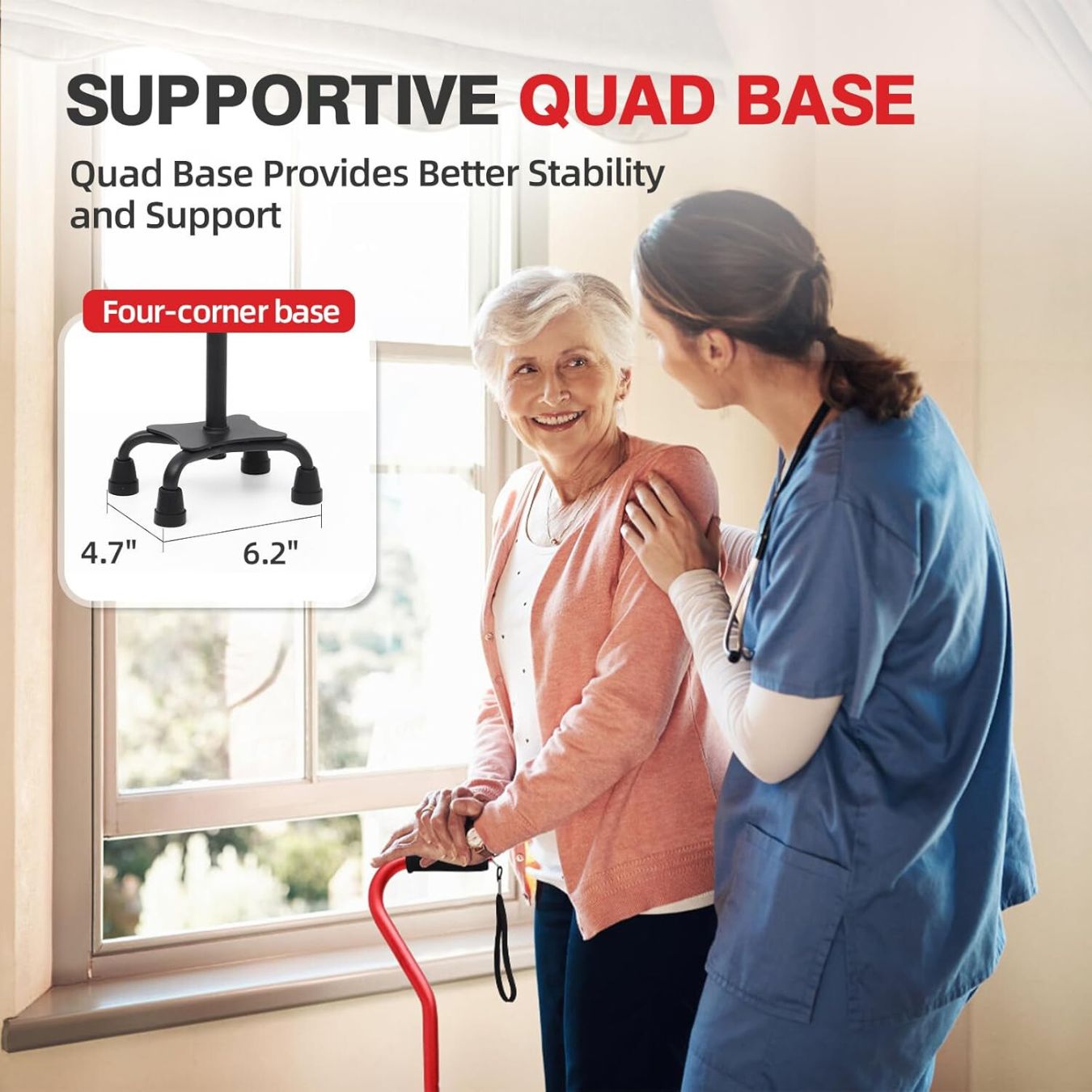Senior woman using a red JC Health Aluminum Quad Cane, assisted by a caregiver, with an inset diagram highlighting the supportive quad base and its dimensions.