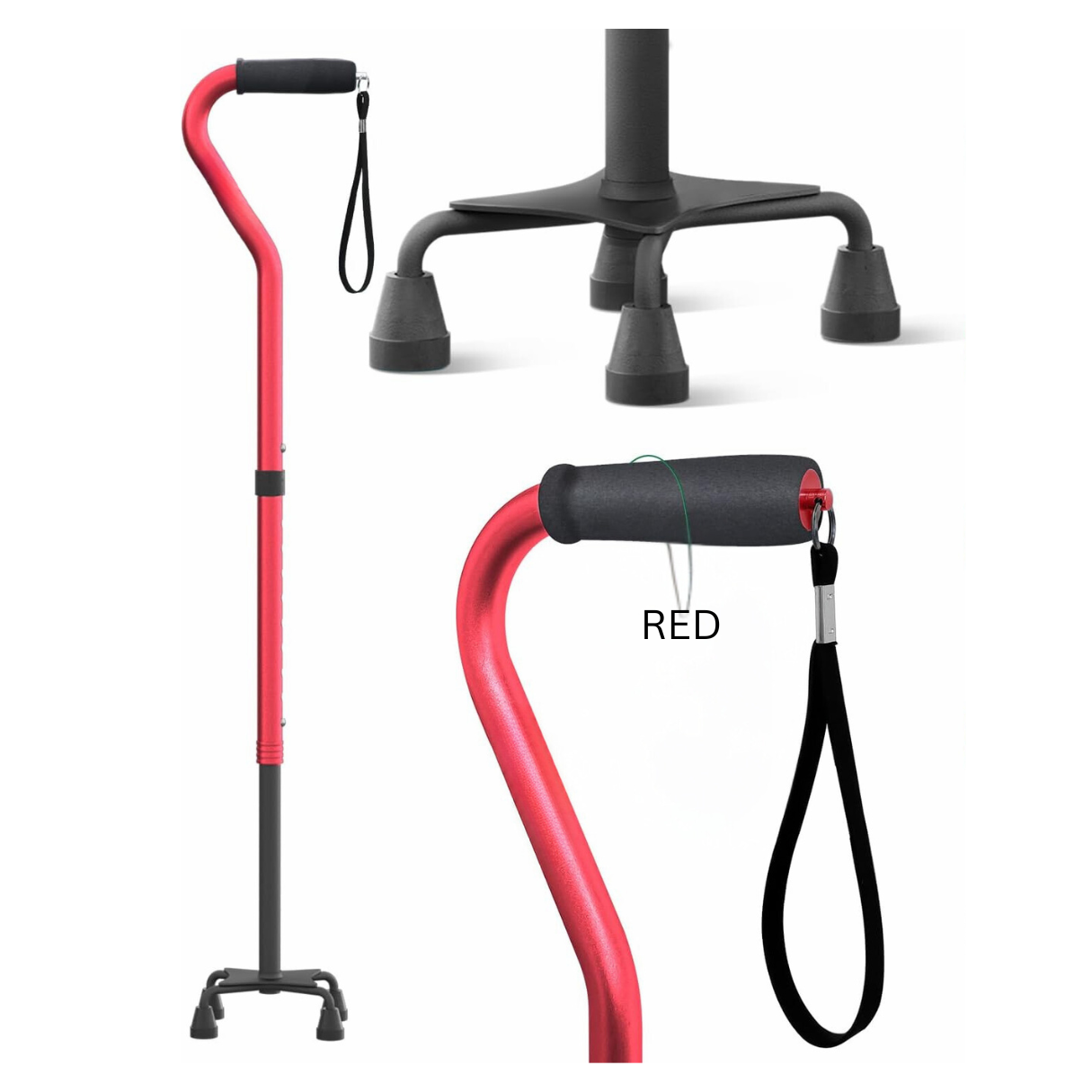 Red JC Health Aluminum Quad Cane shown with a detailed view of its wide four-pointed base and an ergonomic handle with an attached wrist strap