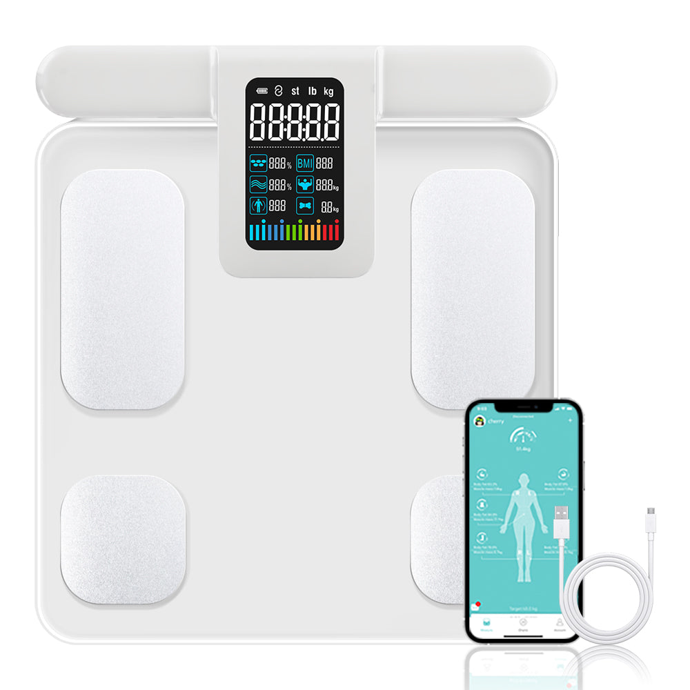 JC Health Smart Body Composition Scale in white, showing digital display, smartphone app interface, and charging cable