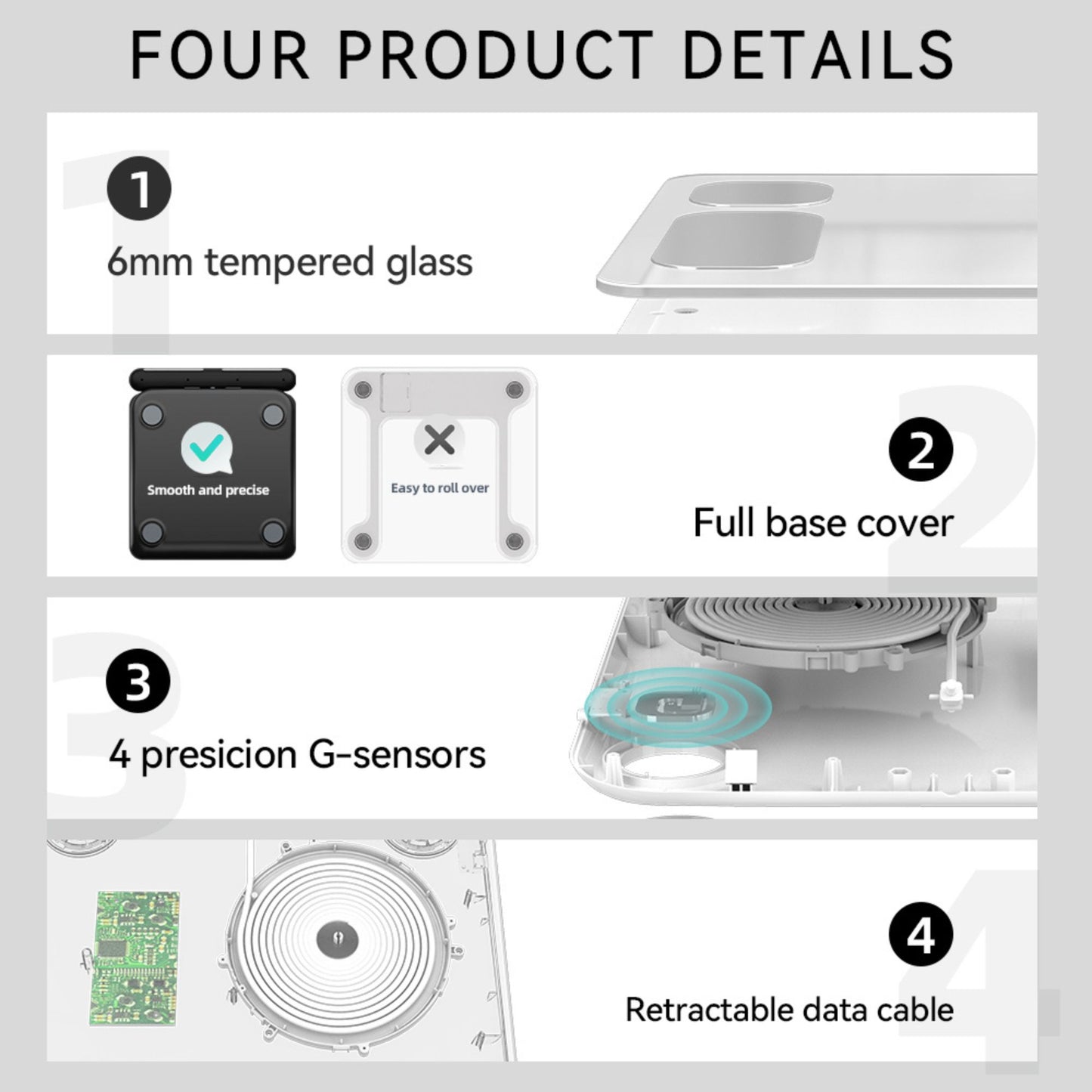 JC Health Smart Body Composition Scale construction details: 6mm tempered glass, full base cover, 4 precision G-sensors, and retractable data cable.