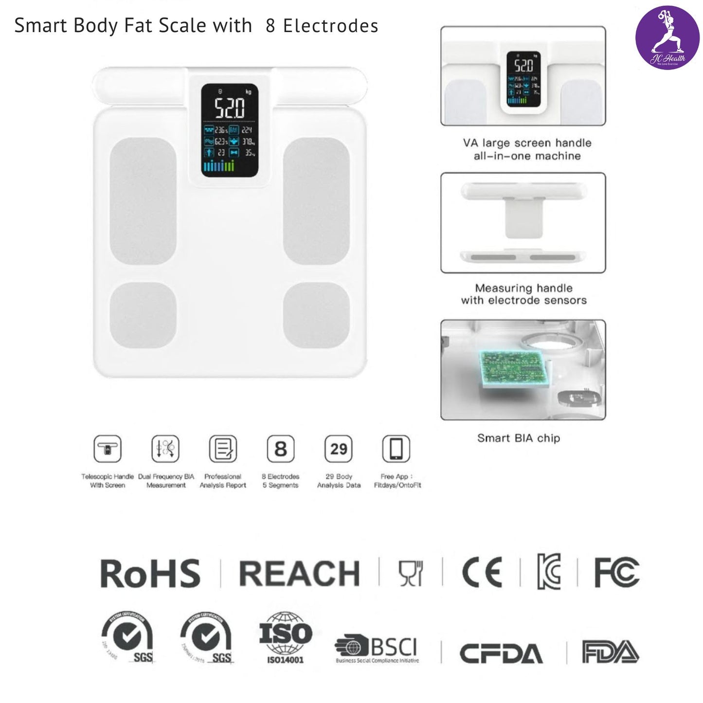 JC Health Smart Body Fat Scale overview highlighting VA screen, measuring handle, smart BIA chip, 8 electrodes, 29 body analysis data, free app, and various product certifications