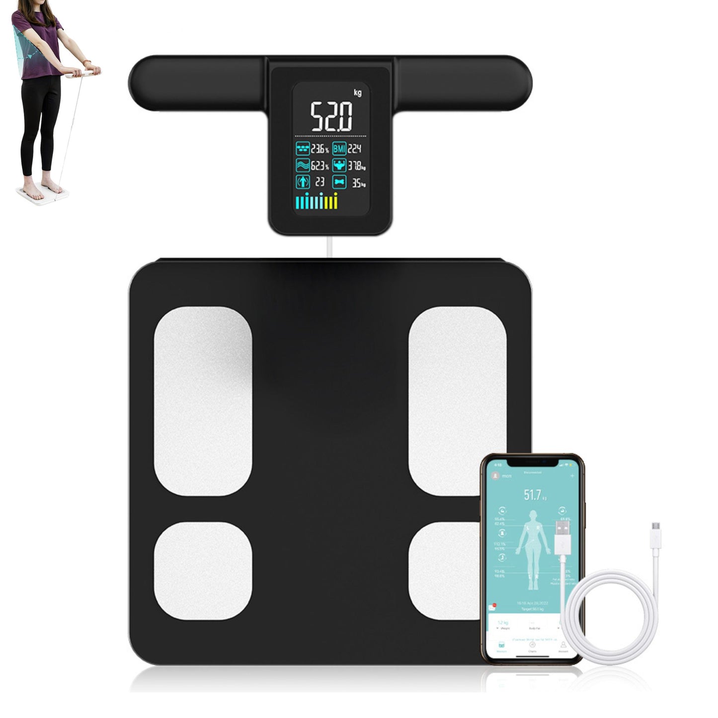 JC Health Smart Body Composition Scale with handle, displaying weight on screen, and syncing data to a mobile phone app.