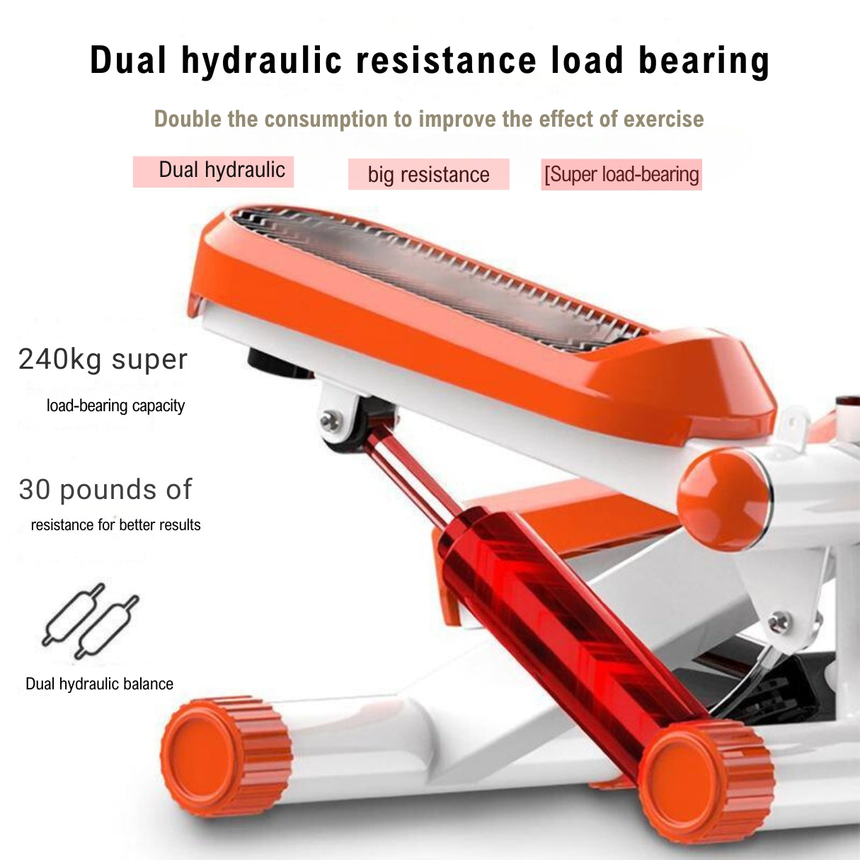 Close-up of the JC Health Stepper with handle bar, detailing its dual hydraulic resistance system and load-bearing capacity