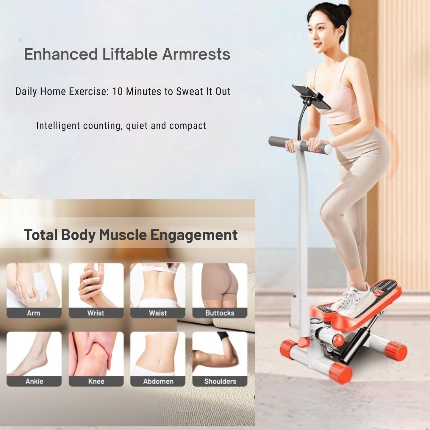 Female model using JC Health Stepper with handle bar, demonstrating total body muscle engagement for arms, wrist, waist, buttocks, ankle, knee, abdomen, and shoulders