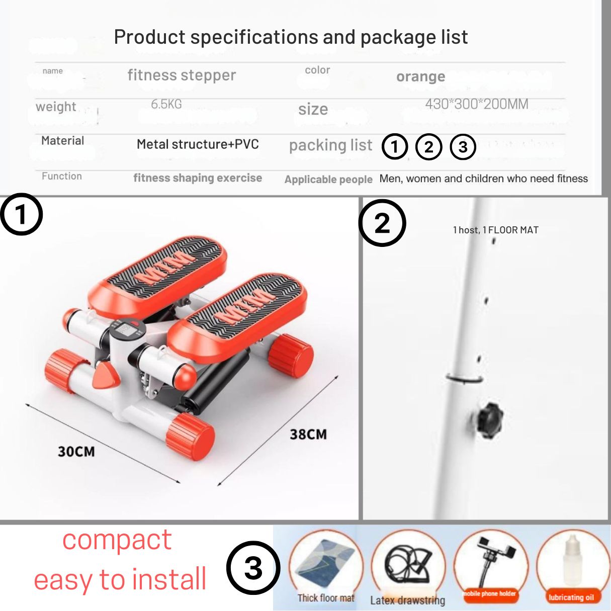 JC Health Stepper with handle bar product specifications and list of included package contents